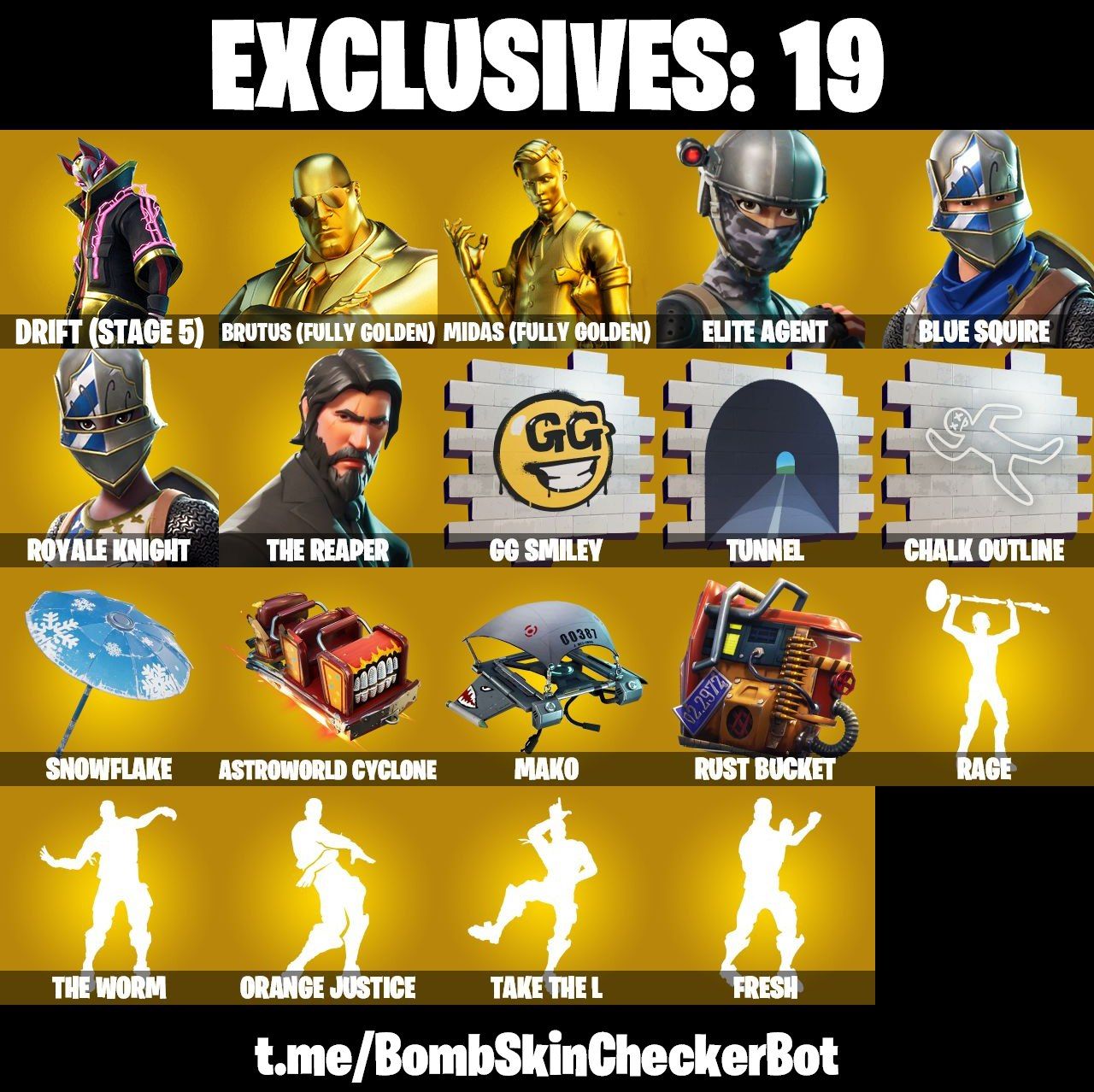 70 Skins - O ceifador, S2 inc, Gold midas, Drift (stage 5) & omega