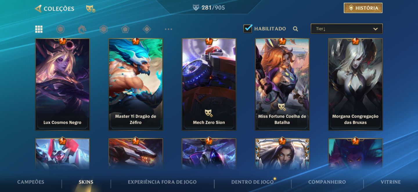 CONTA WILD RIFT COM 281 Skins, Challenger uma vez e tem 344 moedas laranjas
