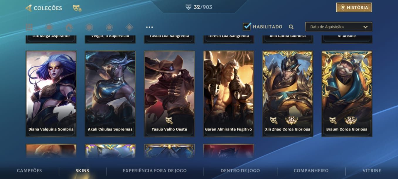 Conta Wild Rift com algumas skins, com +900 essências laranjas (Espólio)