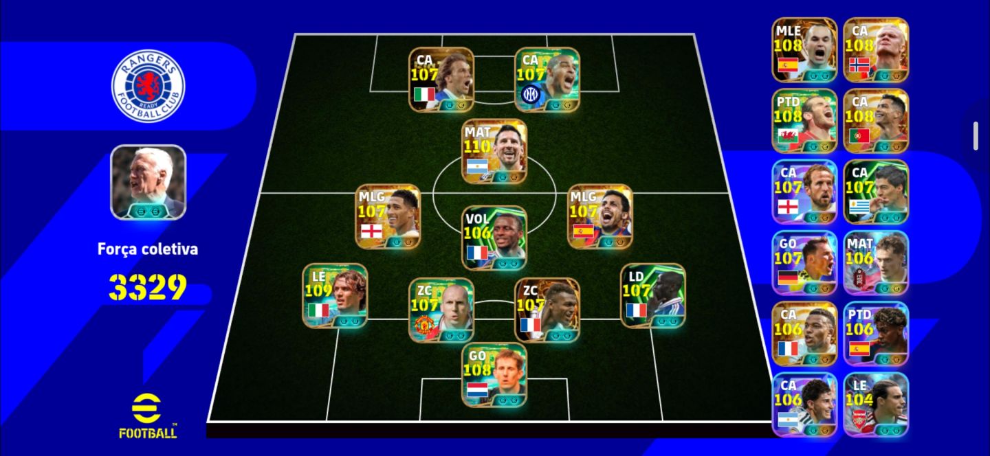 Conta eFootball FORÇA 3326 Messi 109, Haaland 108, Kane 108 + Elenco Especial