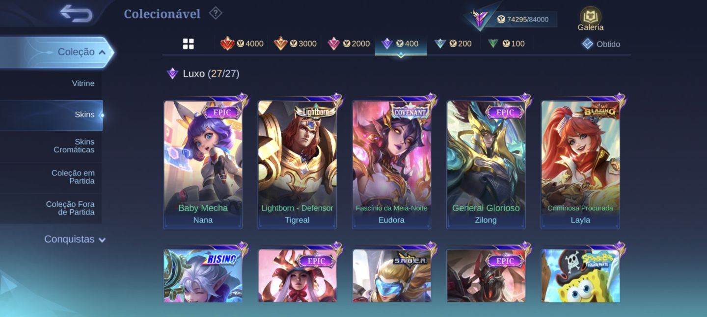 CONTA MLBB 255 SKINS + legend da FREYA , FULL EMBLEMA PRA SAIR RAPIDO!!