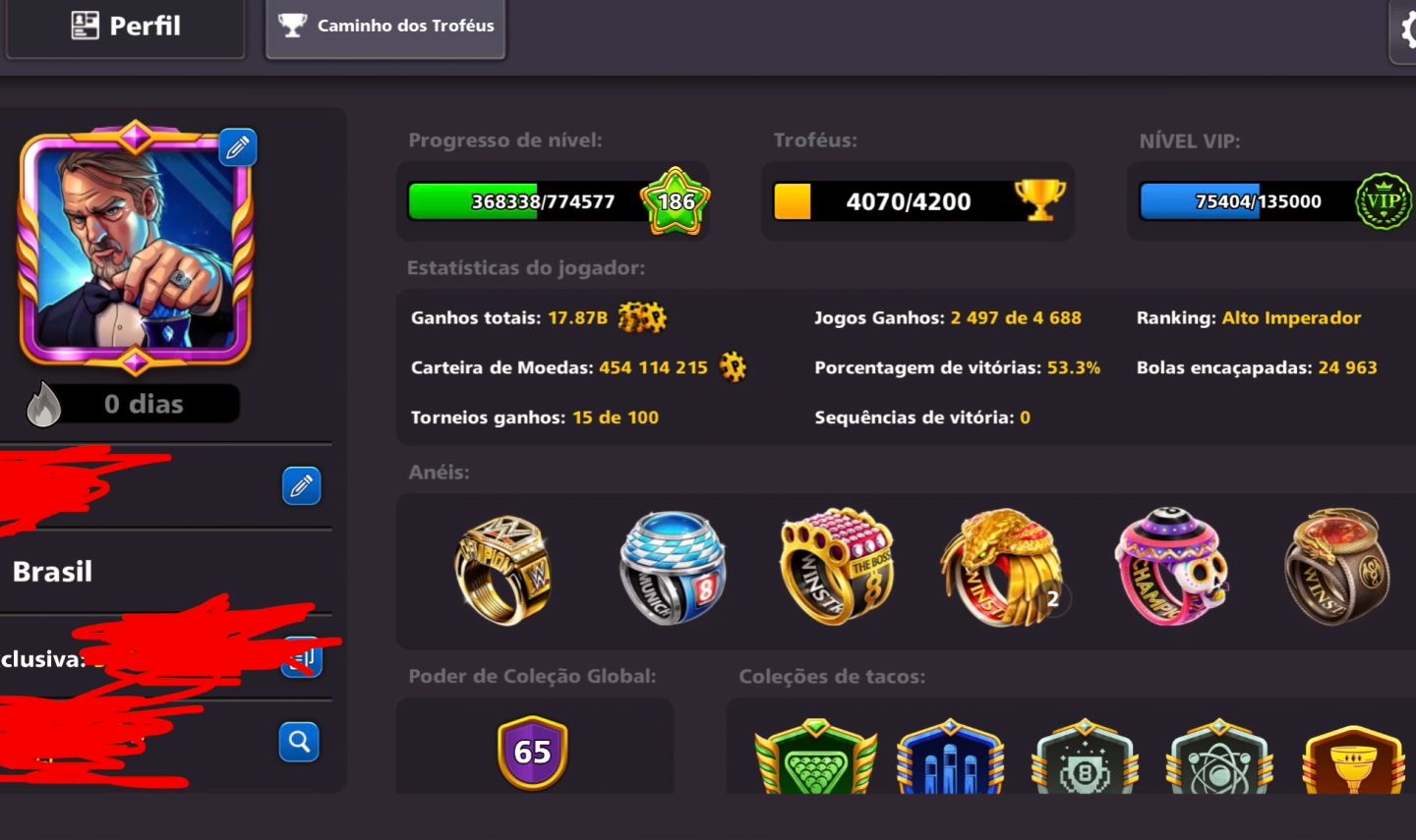 CONTA 8 BALL POOL, LVL 186, FULL LENDÁRIA, +450M FICHAS, +60 AVATARES, 200 NOTAS