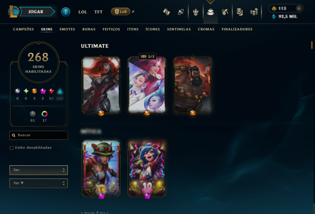 Conta lol no elo prata com 268 skins TODOS CAMPEÕES