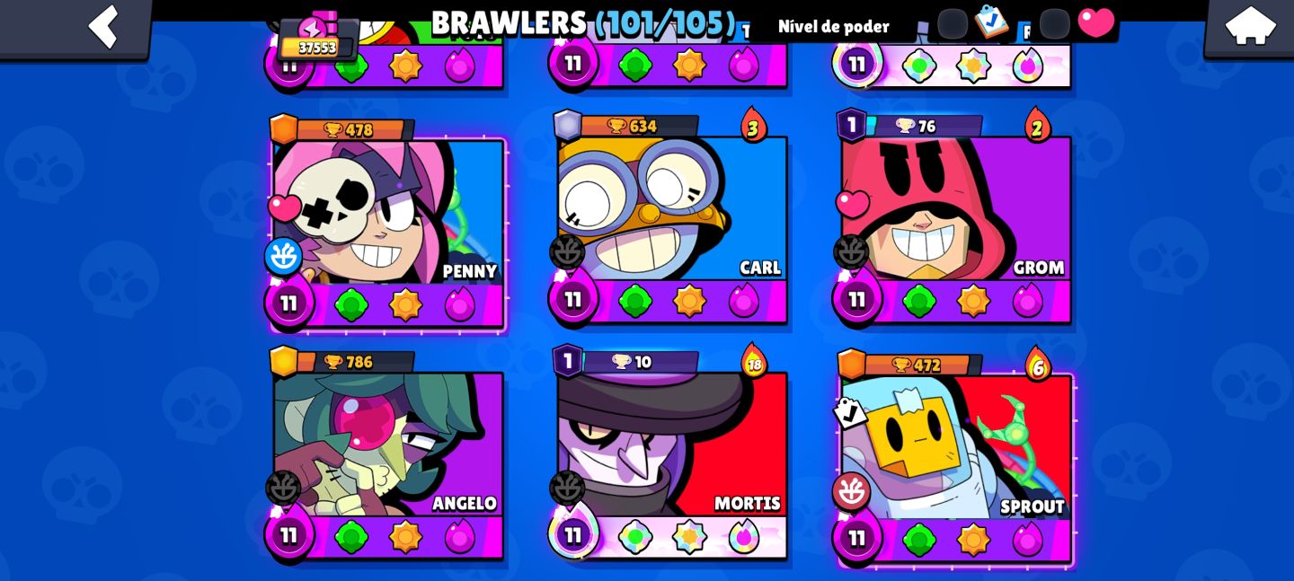 Contra brawl stars 37k troféus, 21 hipercargas, 101/105 brawlers