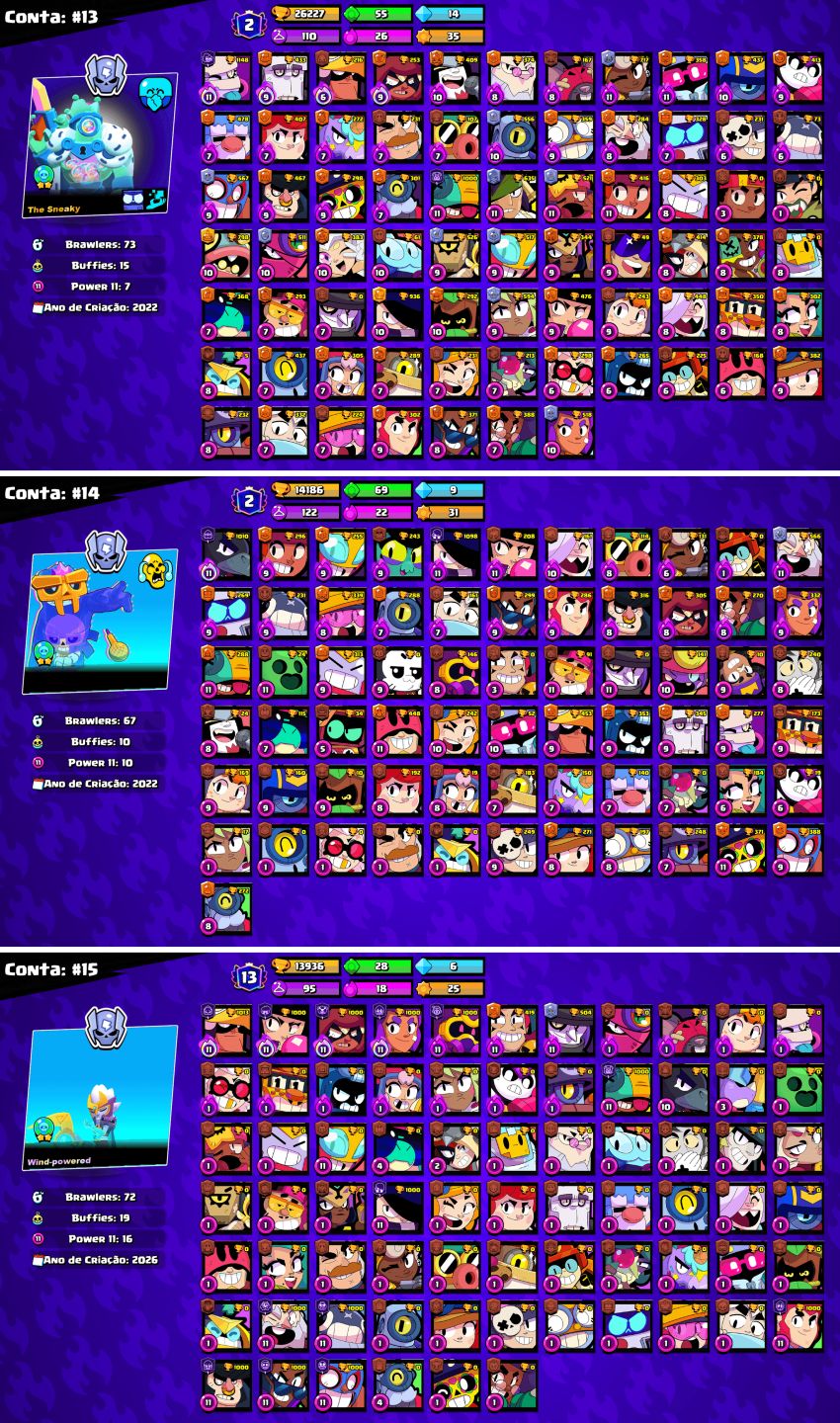 CONTAS BRAWL STARS c/LENDÁRIOS e MUITOS TROFÉUS!!