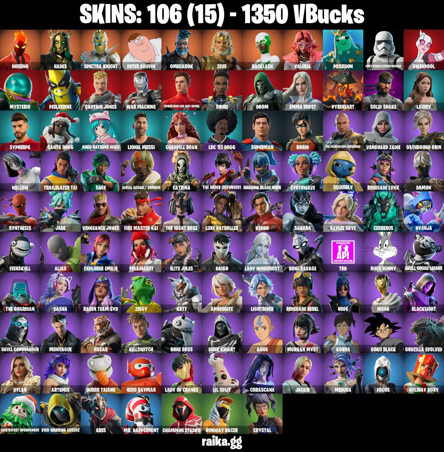 106 Skins - war machine, emma frost, doom, santa dogg, 1350 vbucks