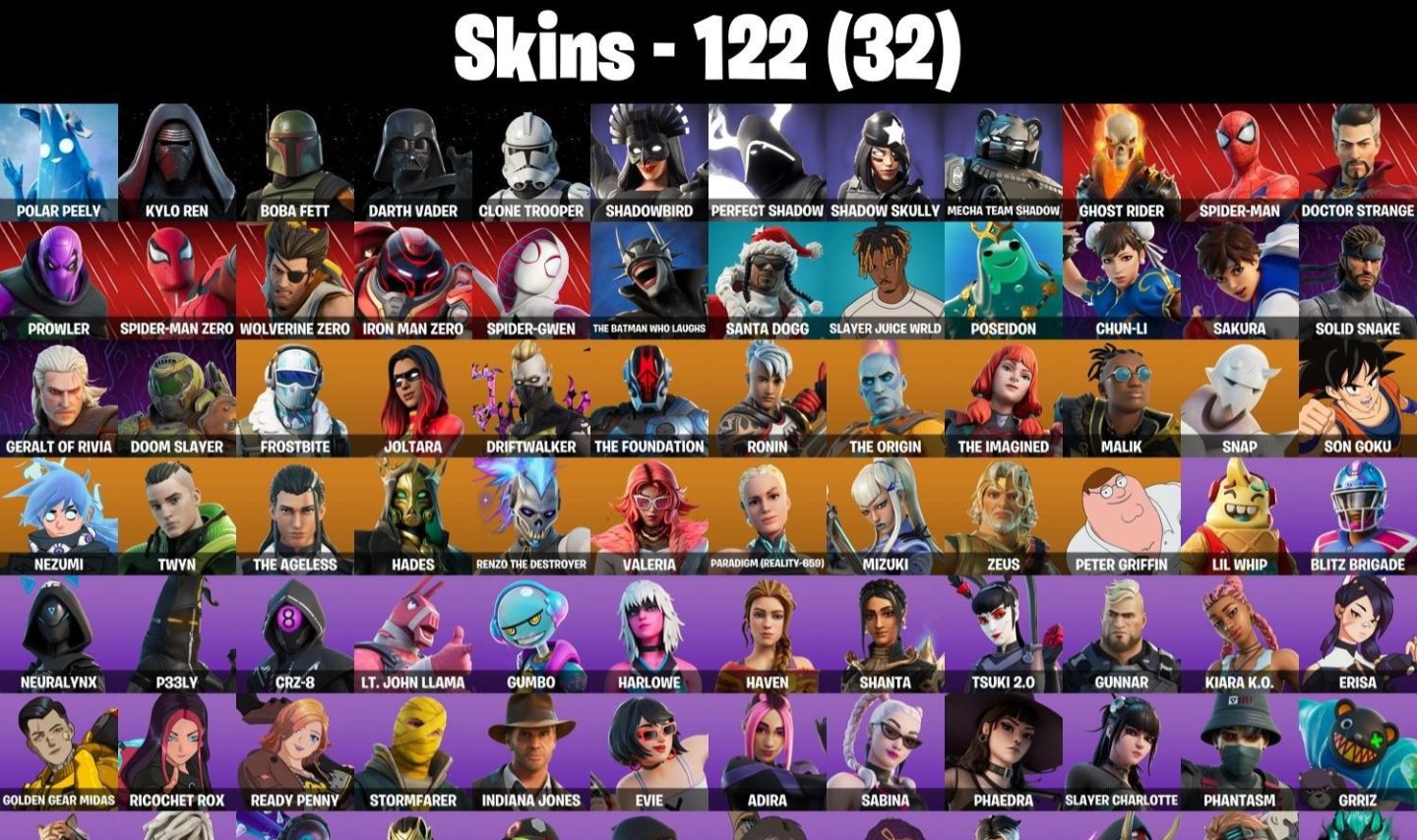 CONTA FORTNITE COM SKINS MARVEL, HEROINA, GOKU, E 122 SKINS - ENTREGA AUTOMÁTICA
