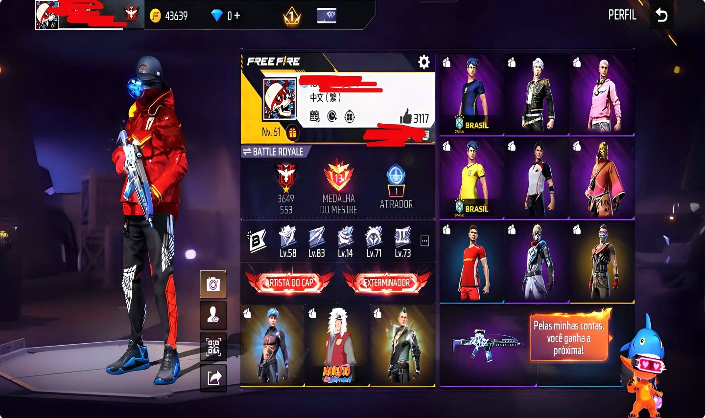 CONTA FREE FIRE [169 PEITAS] CALÇA ANGELICAL VERMELHA | UMP ROXA | DUNK MASTER