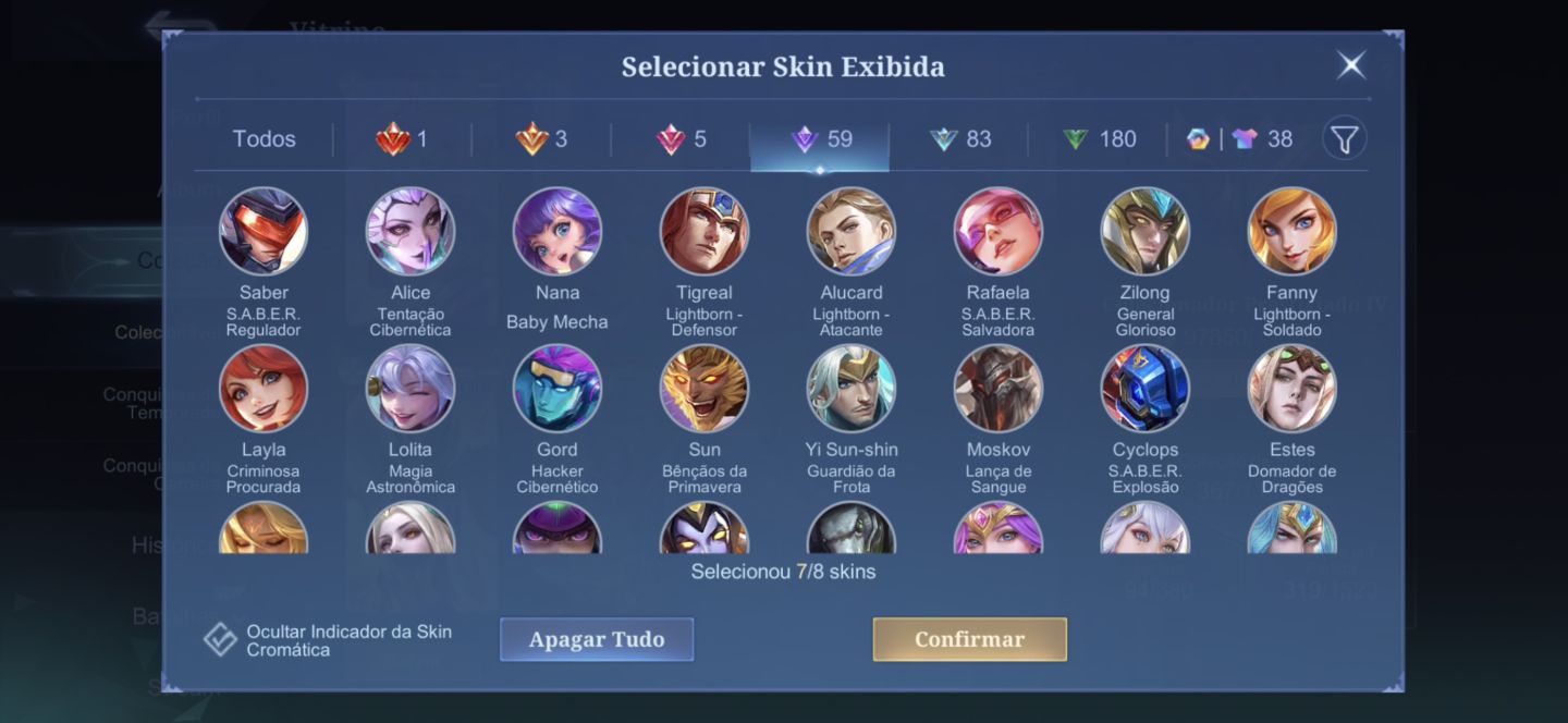 CONTA MOBILE LEGENDS/ SKINS RARAS