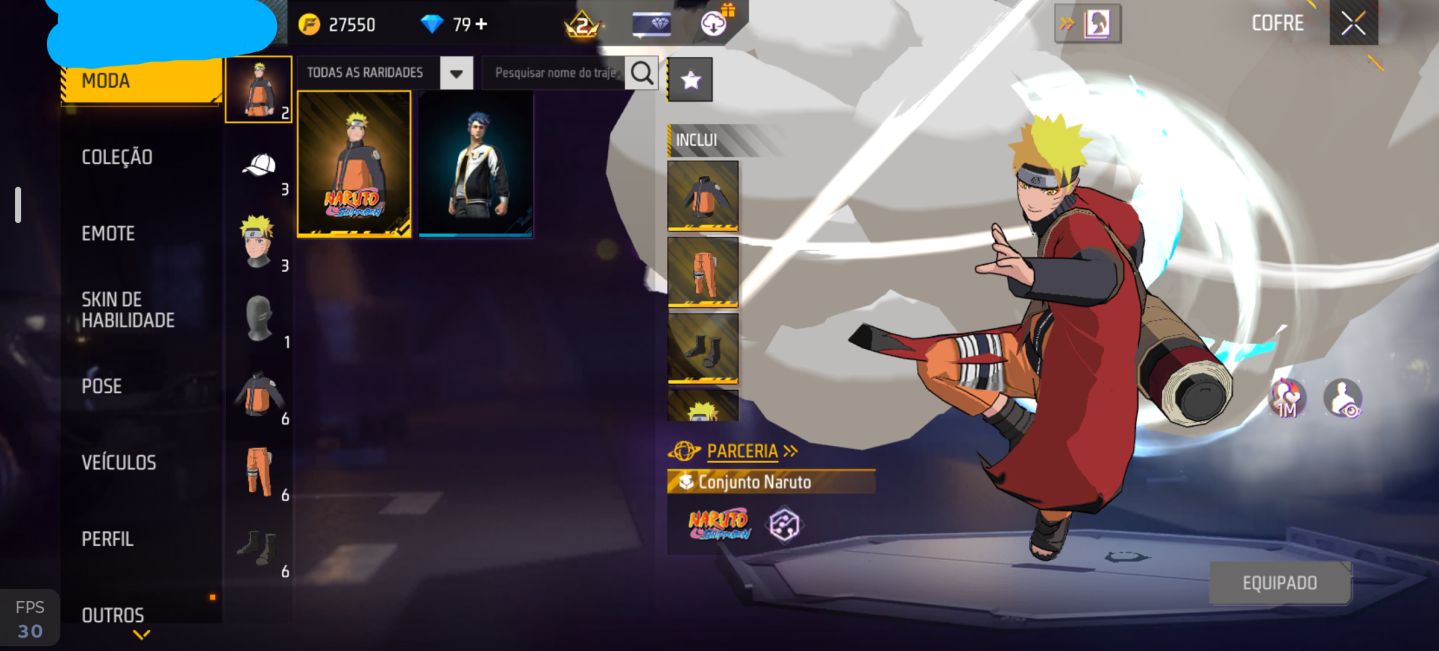 Conta free fire com Naruto