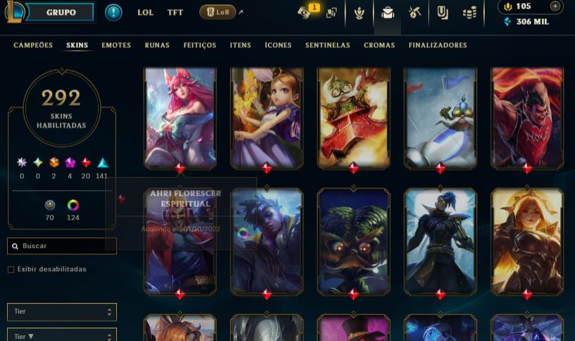 Conta lvl 701 MMR de esmeralda 292 skins 124 cromas 306mil de essência azul