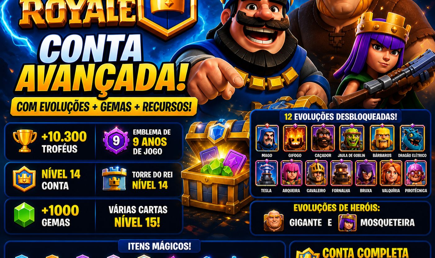 Conta Clash Royale Nível 14 +10.300 TROFÉUS (9 ANOS + EVOLUÇÕES + GEMAS)