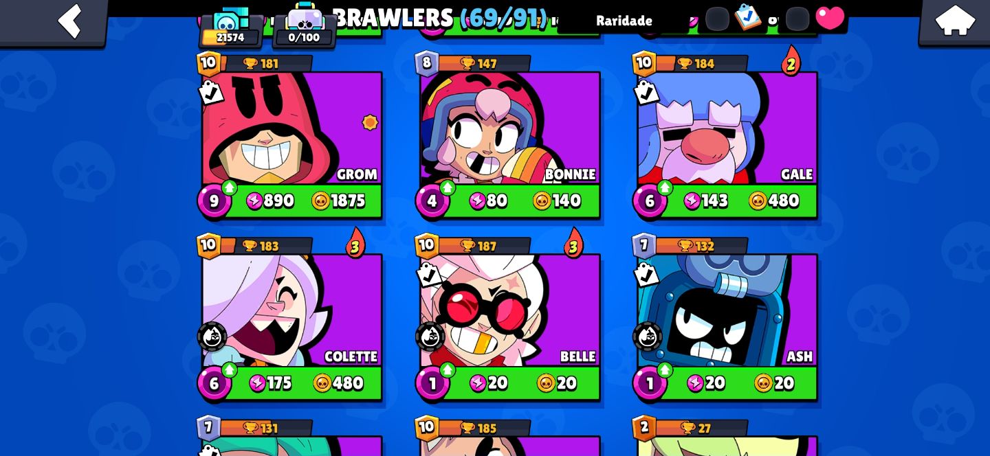 CONTA BRAWL STARS 21k 69 BRAWLERS ANO 1