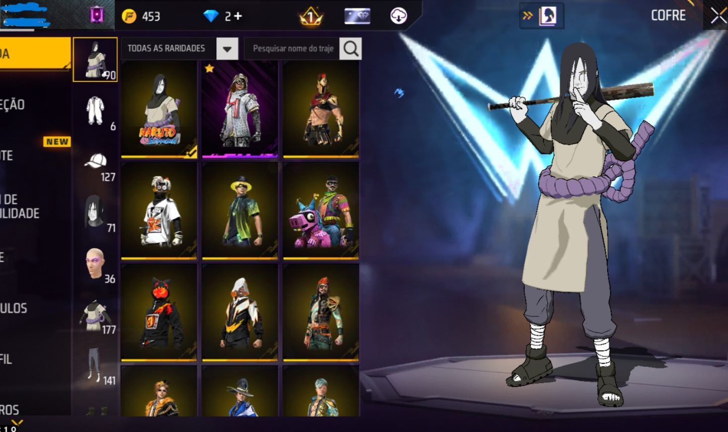 Conta de Freefire com Varios passes antigos, Skins do Naruto e Eventos.