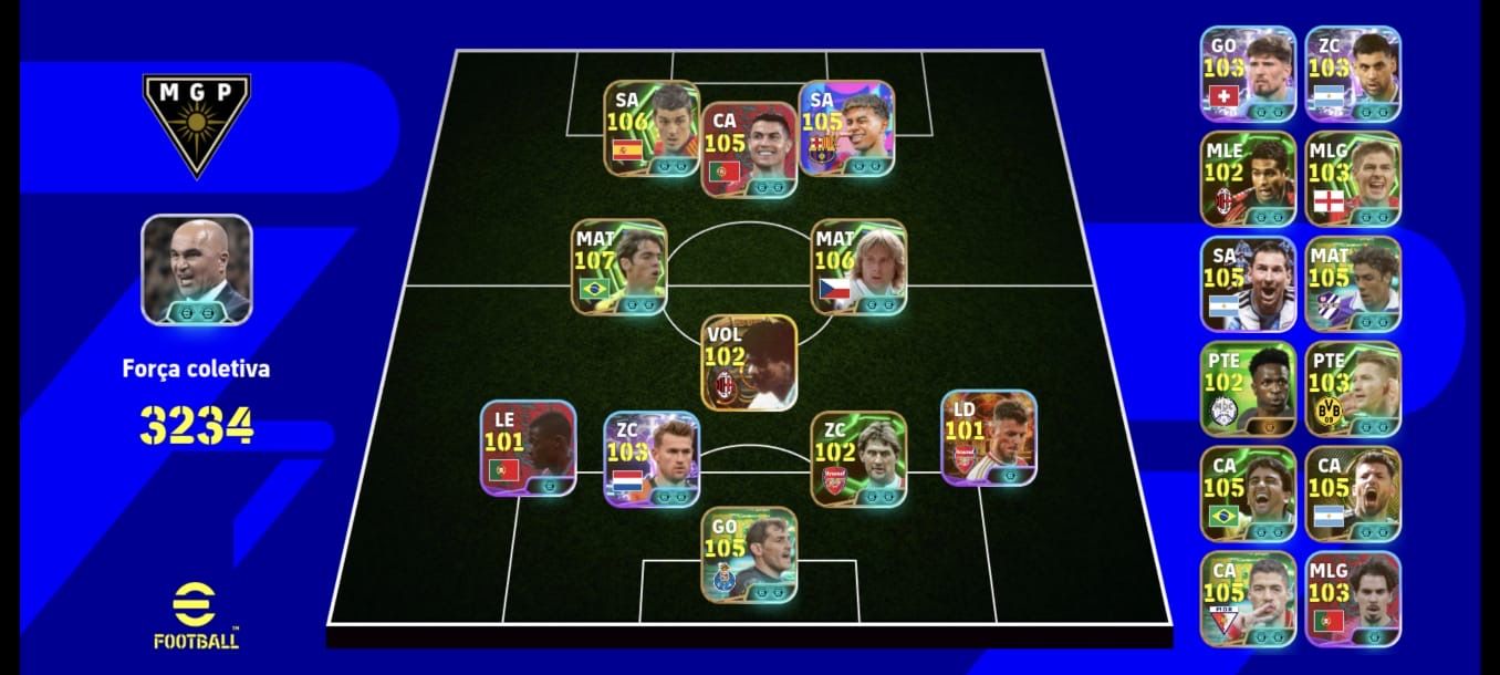 Conta de efootball 3234 de força Kaka 107, cr7 105, David vila 105 etc