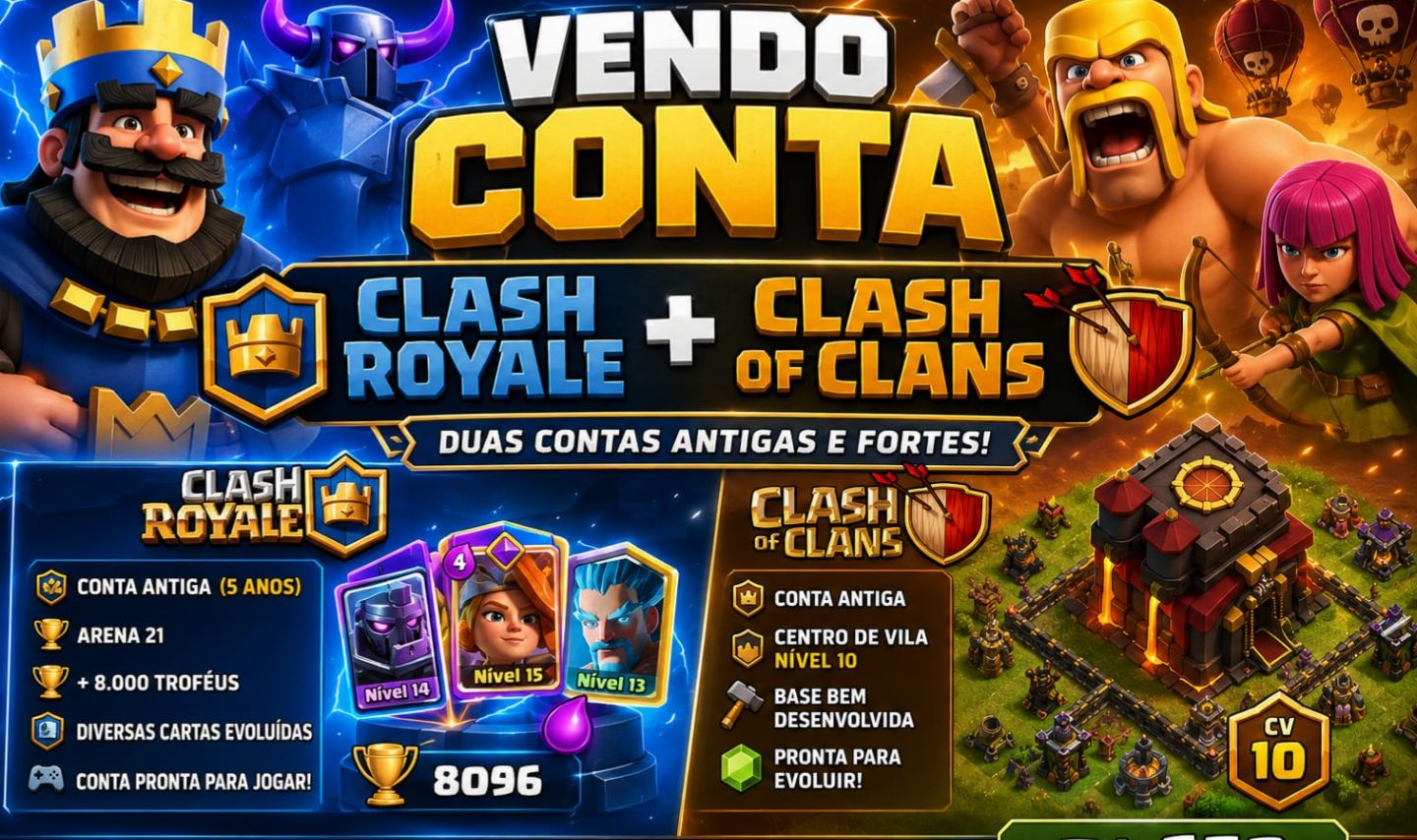 Clash Royale (5 anos) + Clash of Clans (CV11) | Pacote Completo