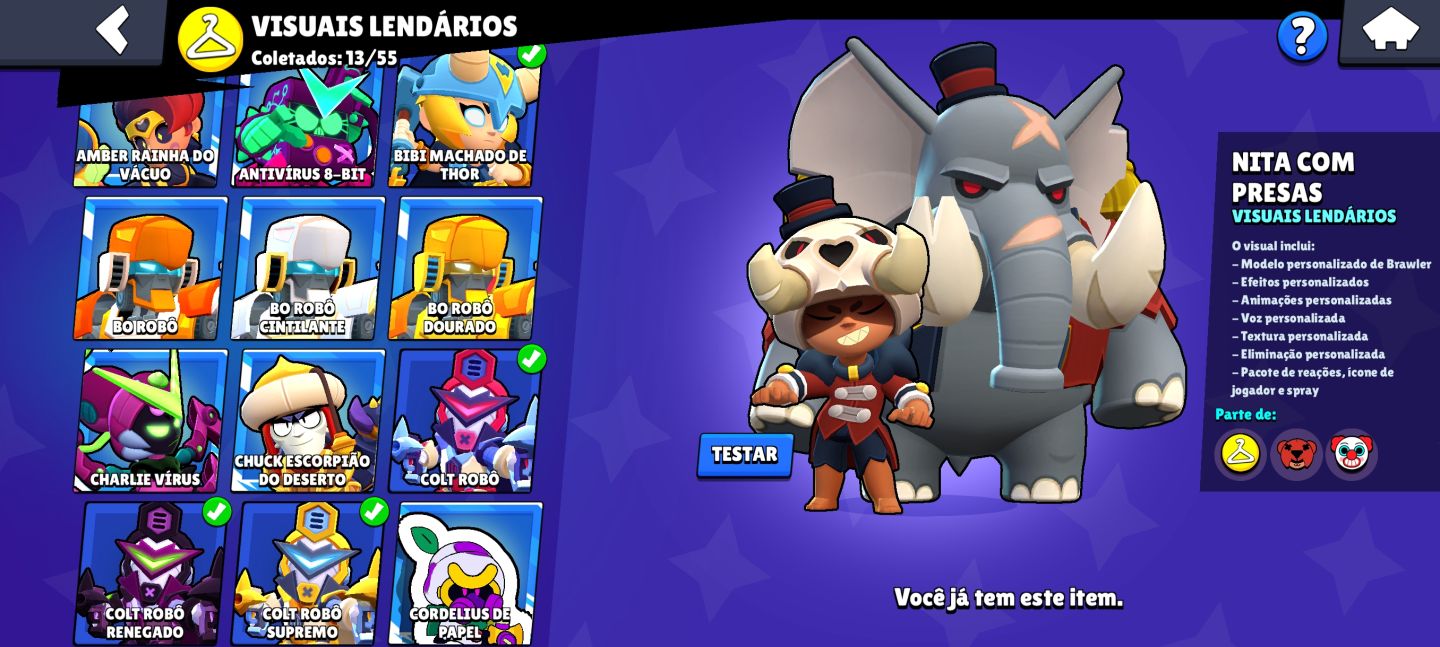 Possui 103 brawlers, mais de 250 skins, 30 brawlers full, Full acesso!!