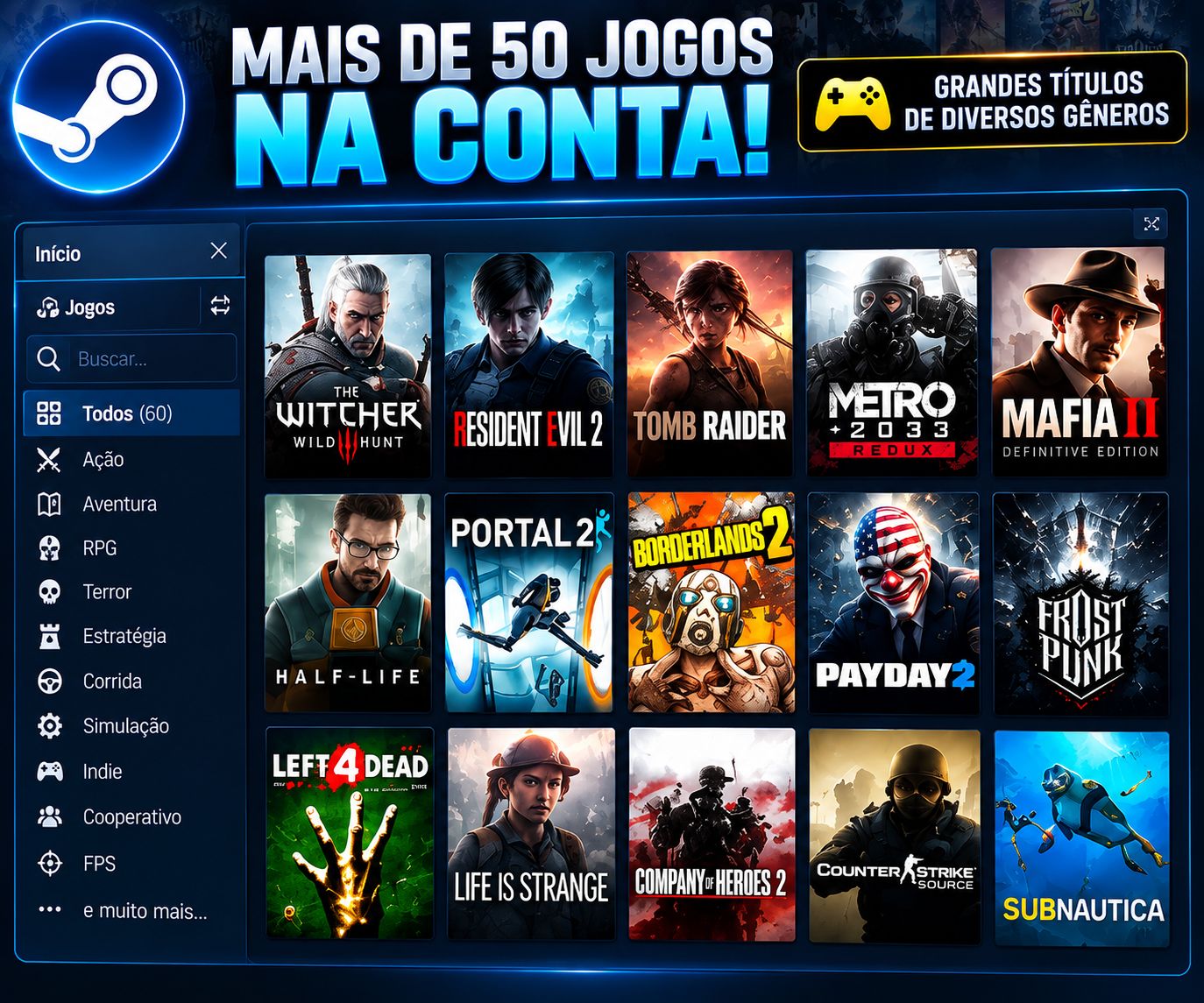 [PROMOÇÃO] CONTA STEAM COM +50 JOGOS | GRANDES TÍTULOS | ENTREGA AUTOMÁTICA