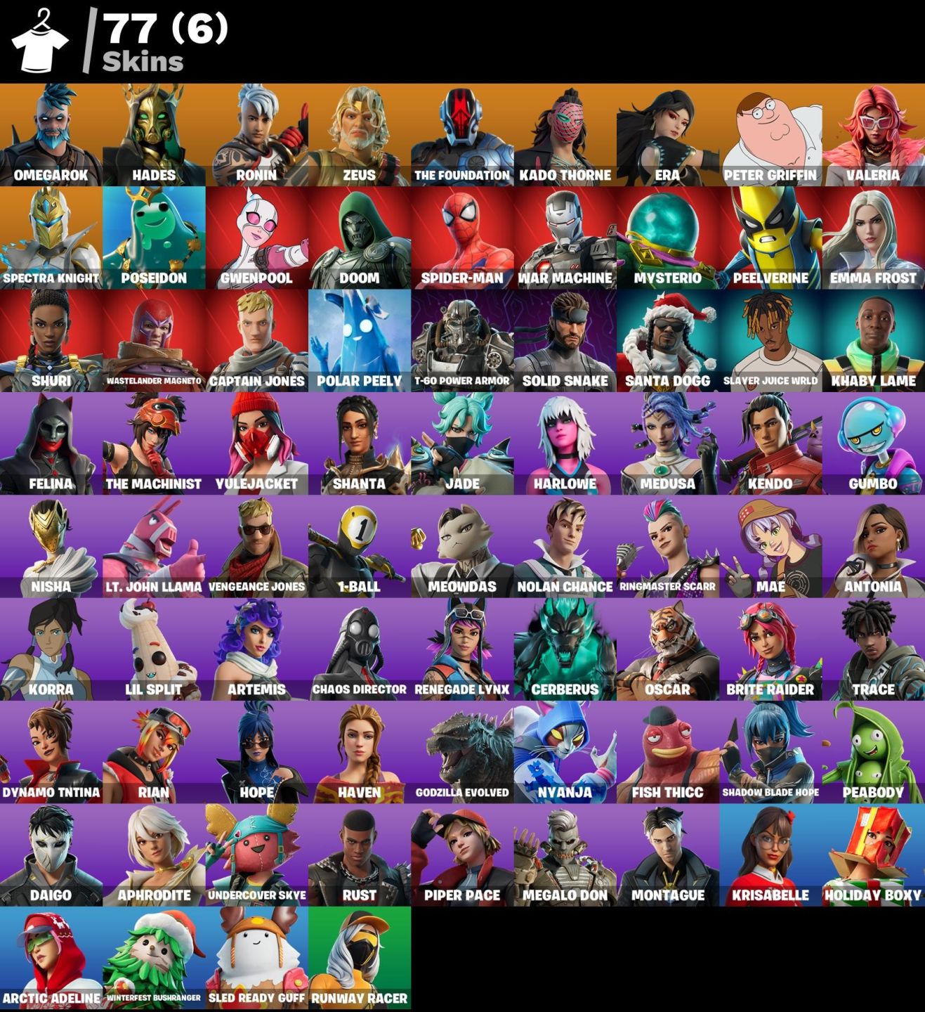 CONTA FORTNITE TOP | 77 SKINS | PETER GRIFFIN | SKINS MARVEL | 45 MAX STYLES e +