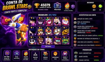 CONTA BRAWL STARS ANTIGA 45K DE TROFÉUS + PRESTÍGIO 12 + 81 BRAWLERS!