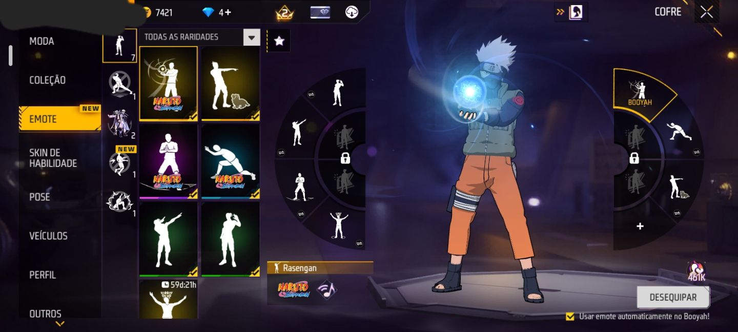 CONTA COM NARUTO + KAKASHI + HINATA + M4A1 DO NARUTO + 7 EMOTES + BIO (SEU EMAIL