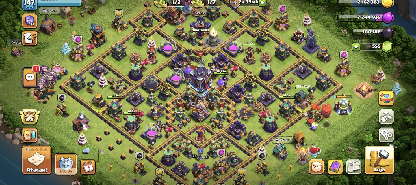 CONTA CLASH OF CLANS CV15 LV147 559 GEMAS 6 CONSTRUTOR 4 PETS MUITAS SKINS