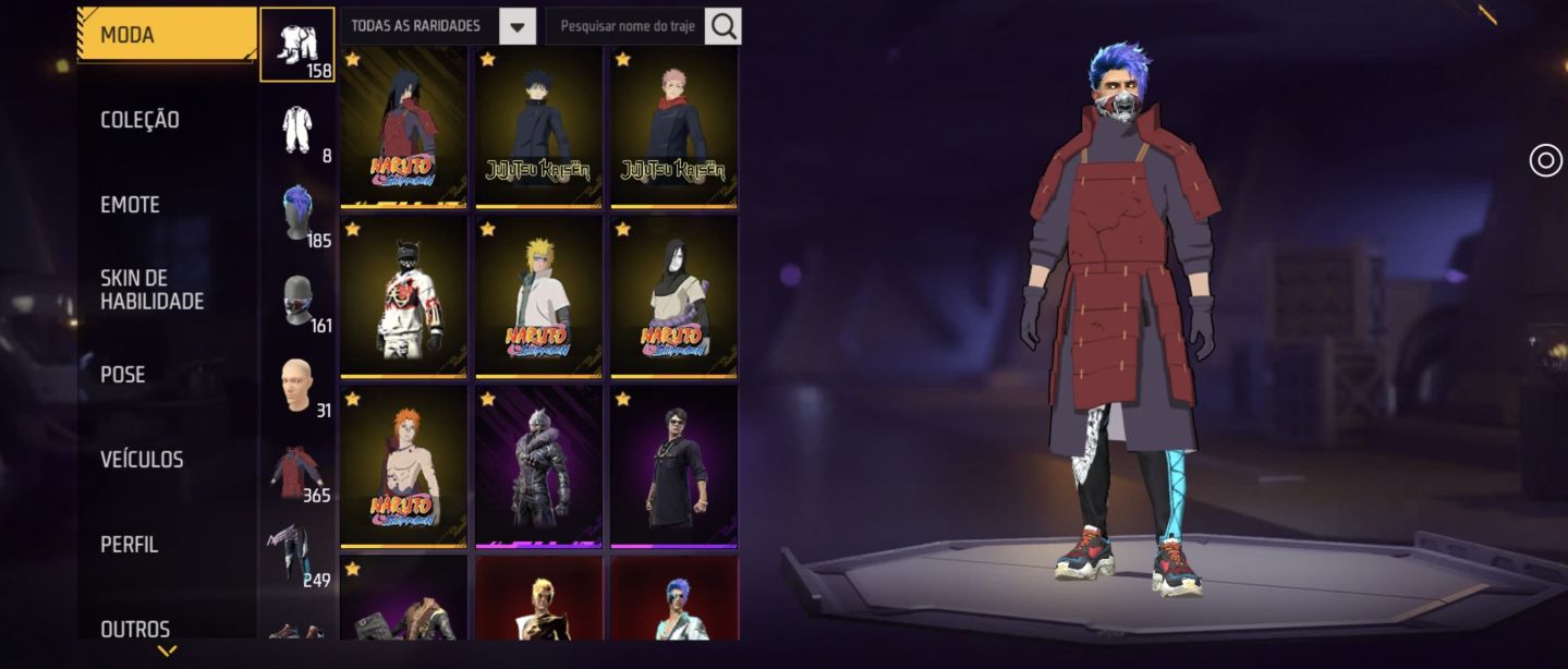CONTA DE FREE FIRE FOCADA NO MASCULINO COM VARIAS SKINS DE NARUTO E JUJUTSU