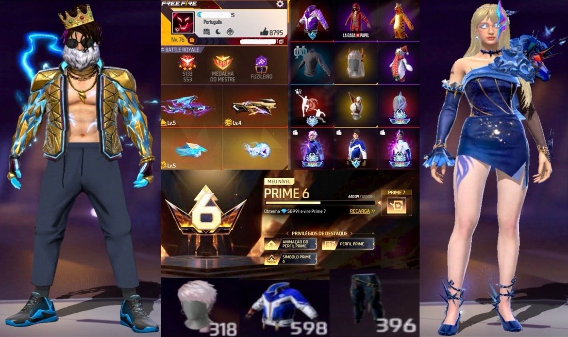 Conta de Free Fire Gemada Masculina e Feminina Veterana 598 Peitas Prime 6