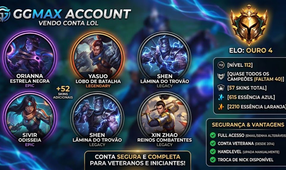 Conta LoL Desde (2014) | Ouro 4 | 57 Skins | Quase Todos Campeões | Full Acesso