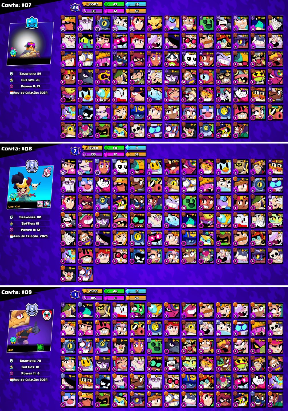 CONTAS BRAWL STARS c/LENDÁRIOS e MUITOS TROFÉUS!!