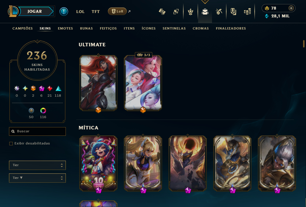 Conta LoL Unranked Nível 564 - 249 skins - Todos Campeões