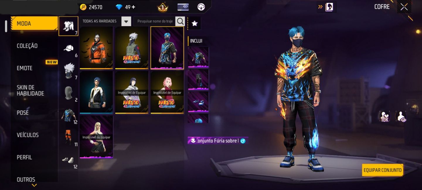 CONTA FF NIVEL 17 + MORCEGO CAÓTICO + 3 SKINS DO NARUTO + 2 GELOS (SEU EMAIL)