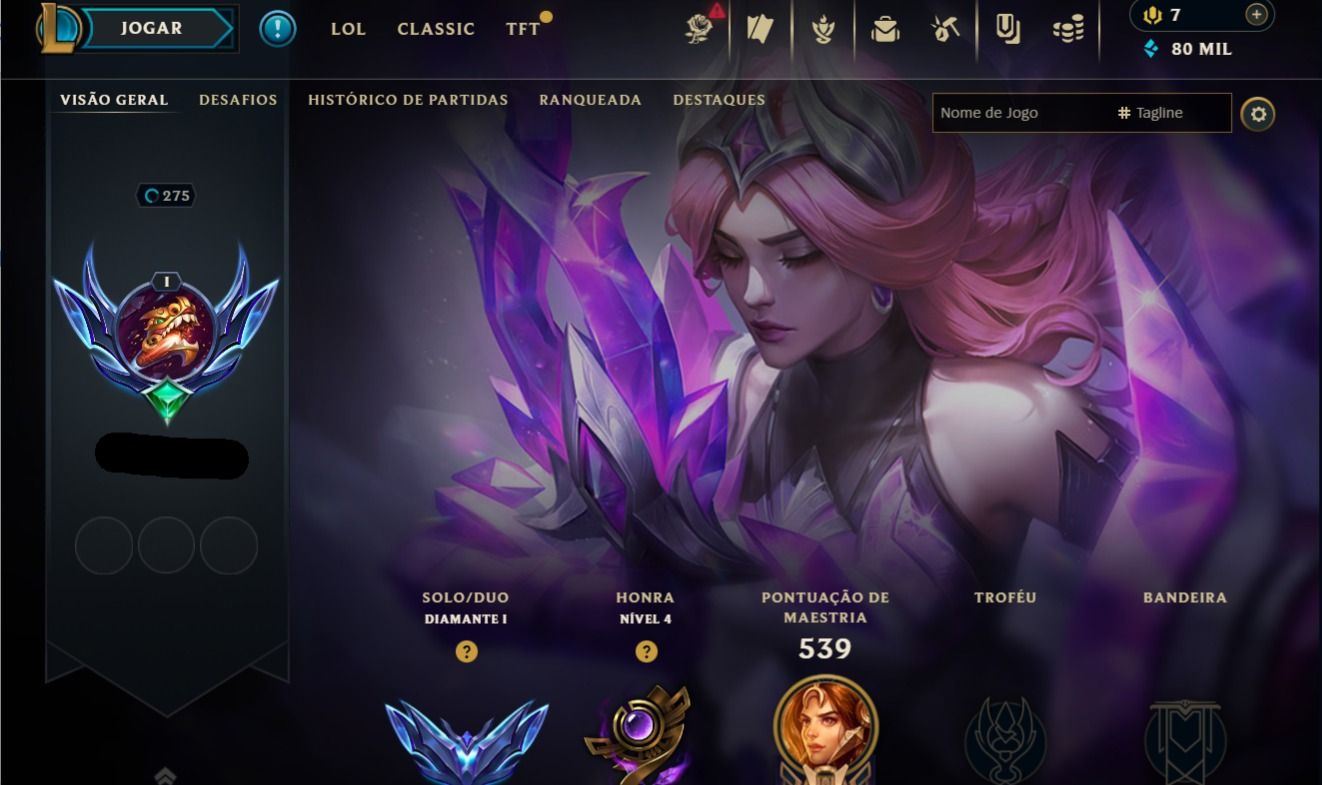 CONTA D1 MAIN SUP, COM SKIN PYKE EMPIREO, LEONA CRYSTALIS MOTUS E ANNIEVERSARIO