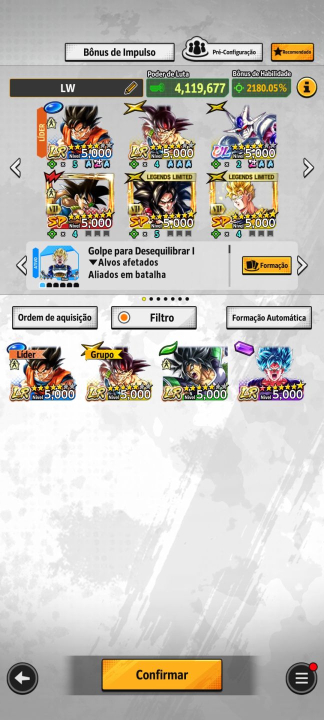 Conta de dragon ball legend com os novos personagens e outros