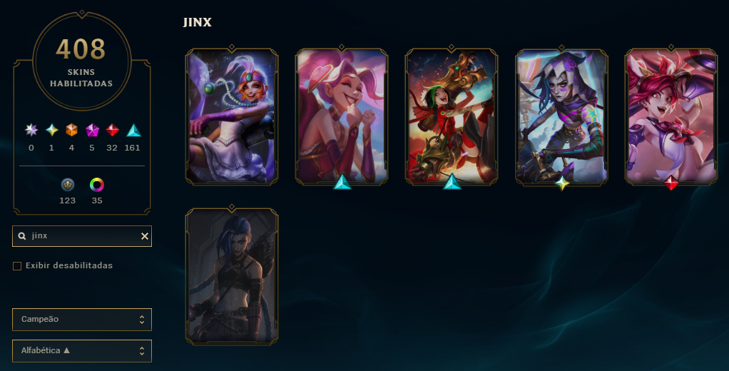 Conta LOL RARA / Full Champions / 408 Skins / Jinx Fragmentada