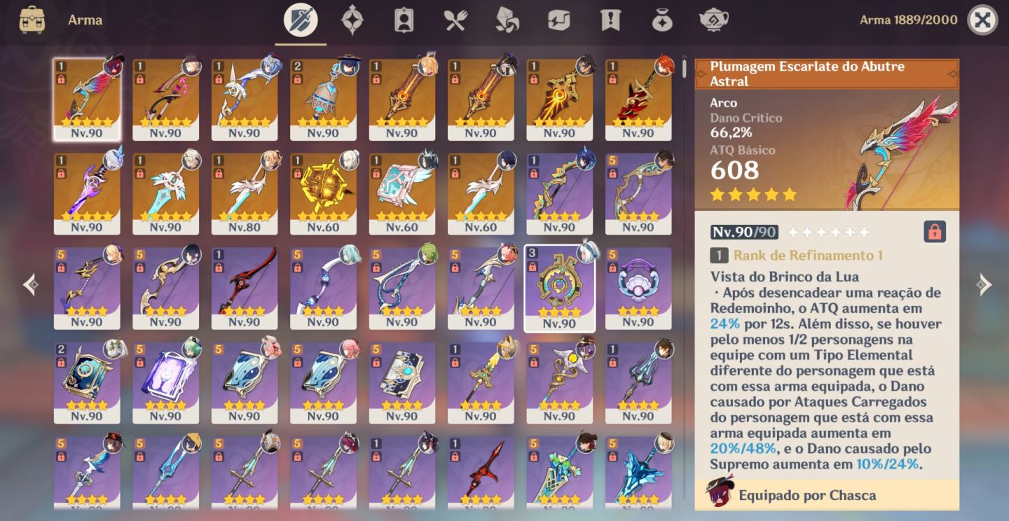 Dehya C6 lv95, Yae Miku C5, Diluc C5, Ganyu C3 37 Resinas Frágil. Ganyu com skin