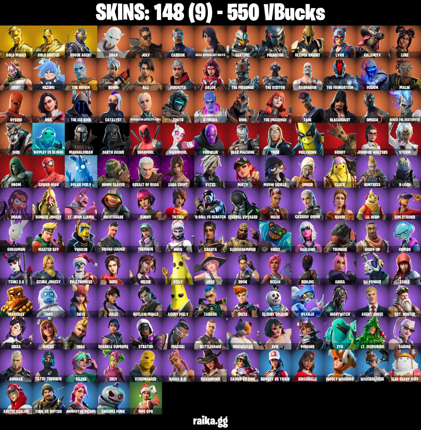 148 skins | Gold Midas Lara Croft Rogue agent 550 Vbucks Ragnarok OMEGA