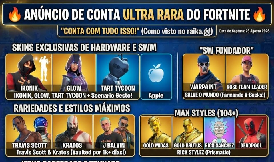 Conta Fortnite com skins raras (Ikonik, Glow, Travis Scott, Machado Leviathan)