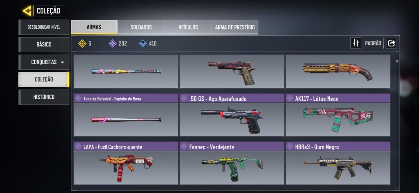 5 lendárias armas nível 400 Arma Épica 202 personagem Épico 76 C: 63k