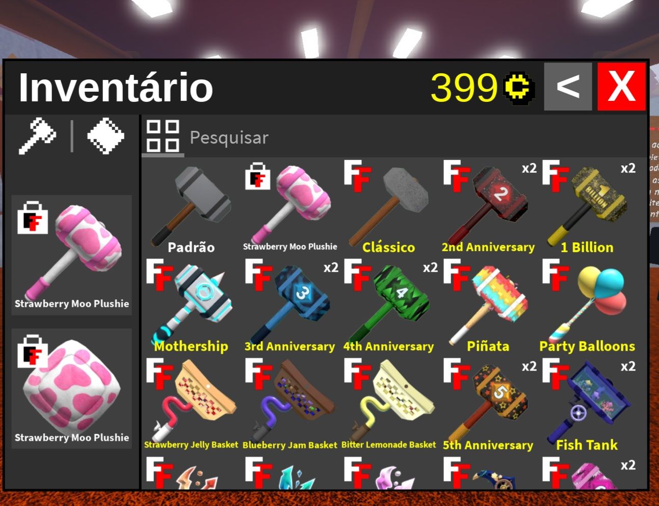 FTF Inventário com quase todas as marretas incluindo Moo Plushie