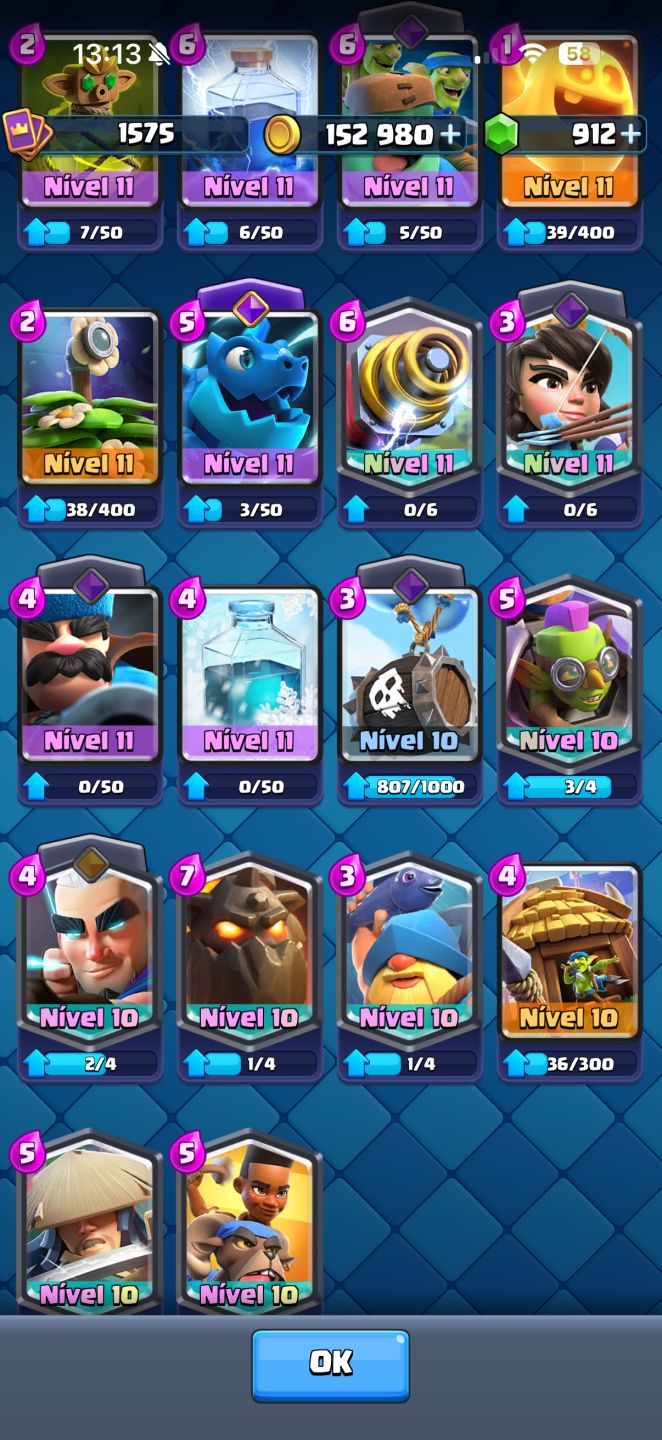 CONTA CLASH ROYALE 11821 Troféus, CORREDOR NVL 16 POSSUI TODAS AS CARTAS