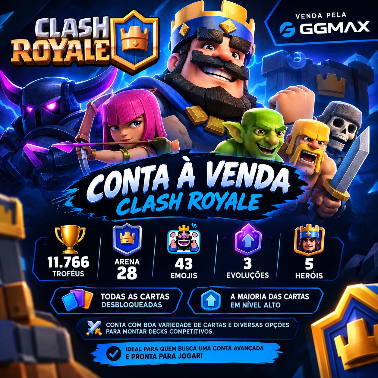 Clash Royale | 11.766 Troféus | Arena 28 | Conta à Venda