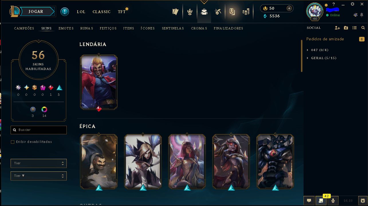 Conta Smurf LoL | Esmeralda 3 | Nível 46 | 112 Campeões | 56 Skins