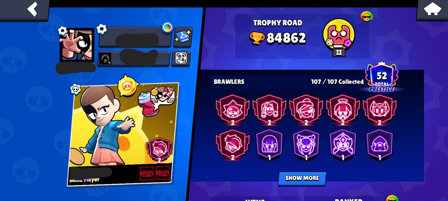 84.8k Brawl Stars 107/107 BRAWLERS 1025 GEMAS 215K GOLD || 10.6k Clash Royale