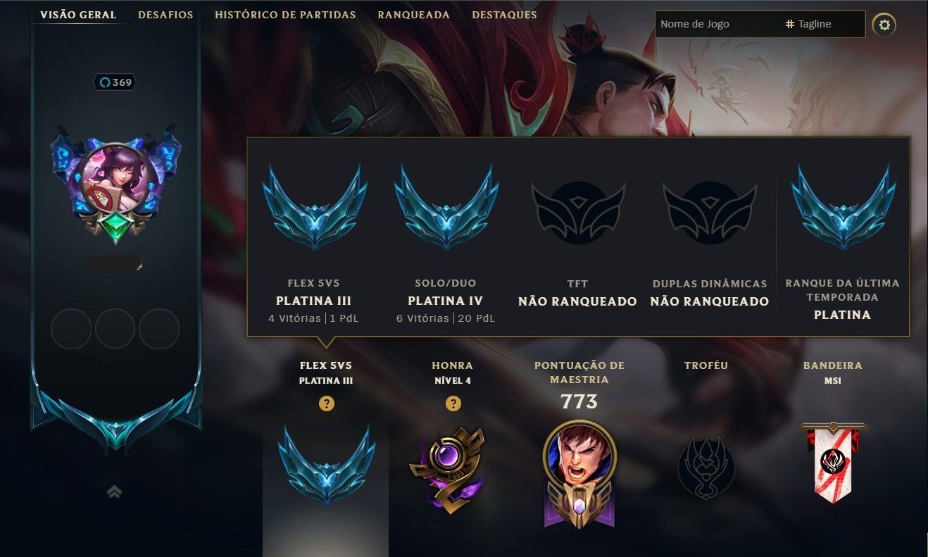Conta LoL BR Lv 367 | 307 Skins | 2 Ultimate | Platina