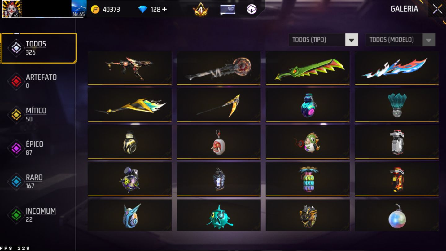 Conta Free Fire Nv. 65 Gemada desde 2018 - itens antigos - Parceria Mclaren