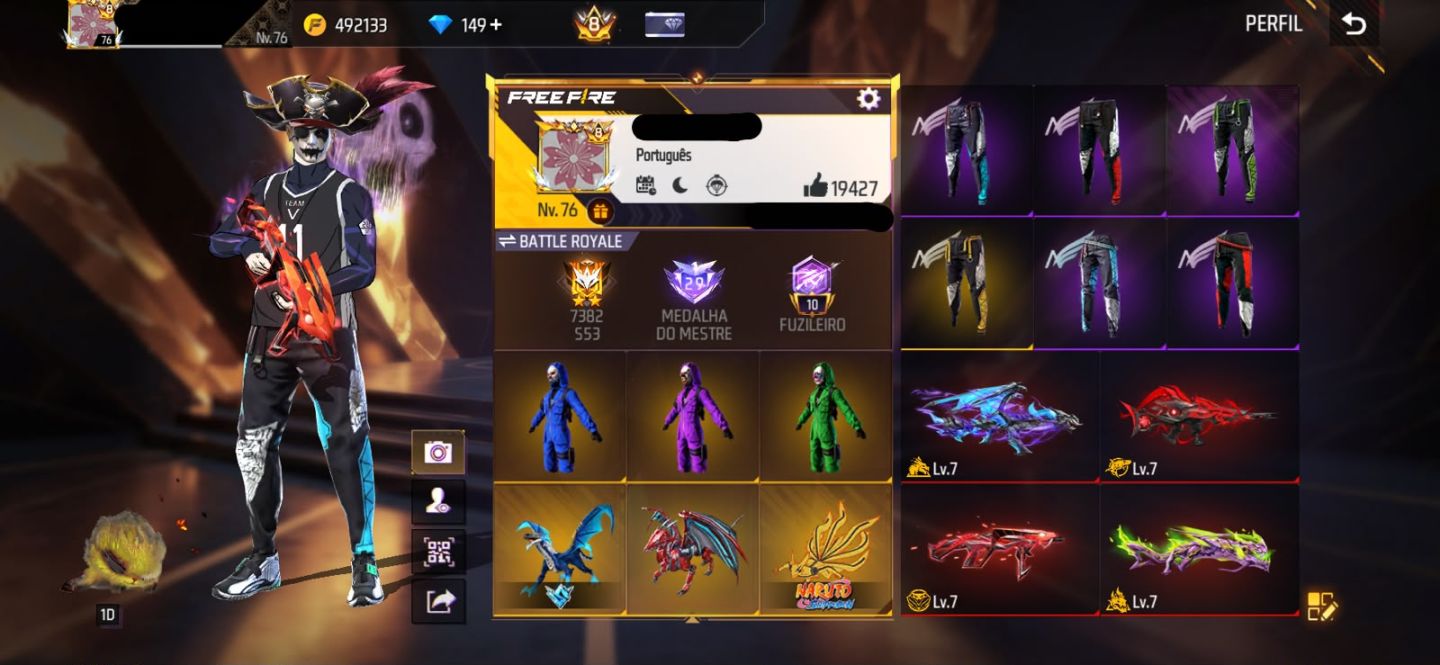 Conta Free Fire Gemada com 7 Angelicais, 10 Evolutivas, Prime 8, 900+ Peitorais