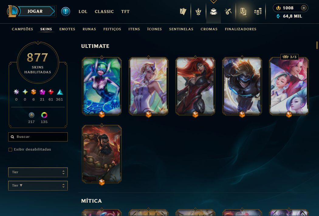 Conta Lol de 2015 / 877 Skins / Nivel 345 / 627 Icones