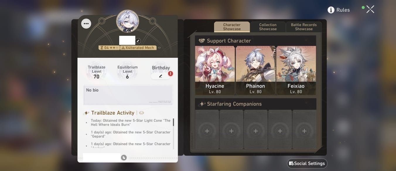 Conta Honkai Star Rail AMERICA - FATE + PHAINON E0S1 + CASTORICE + FEIXIAO E2S1