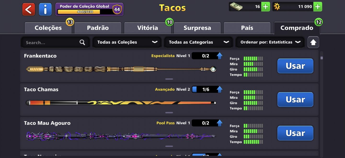 Conta de 8 ball pool muito boa nível 44 com muitos tacos fortes